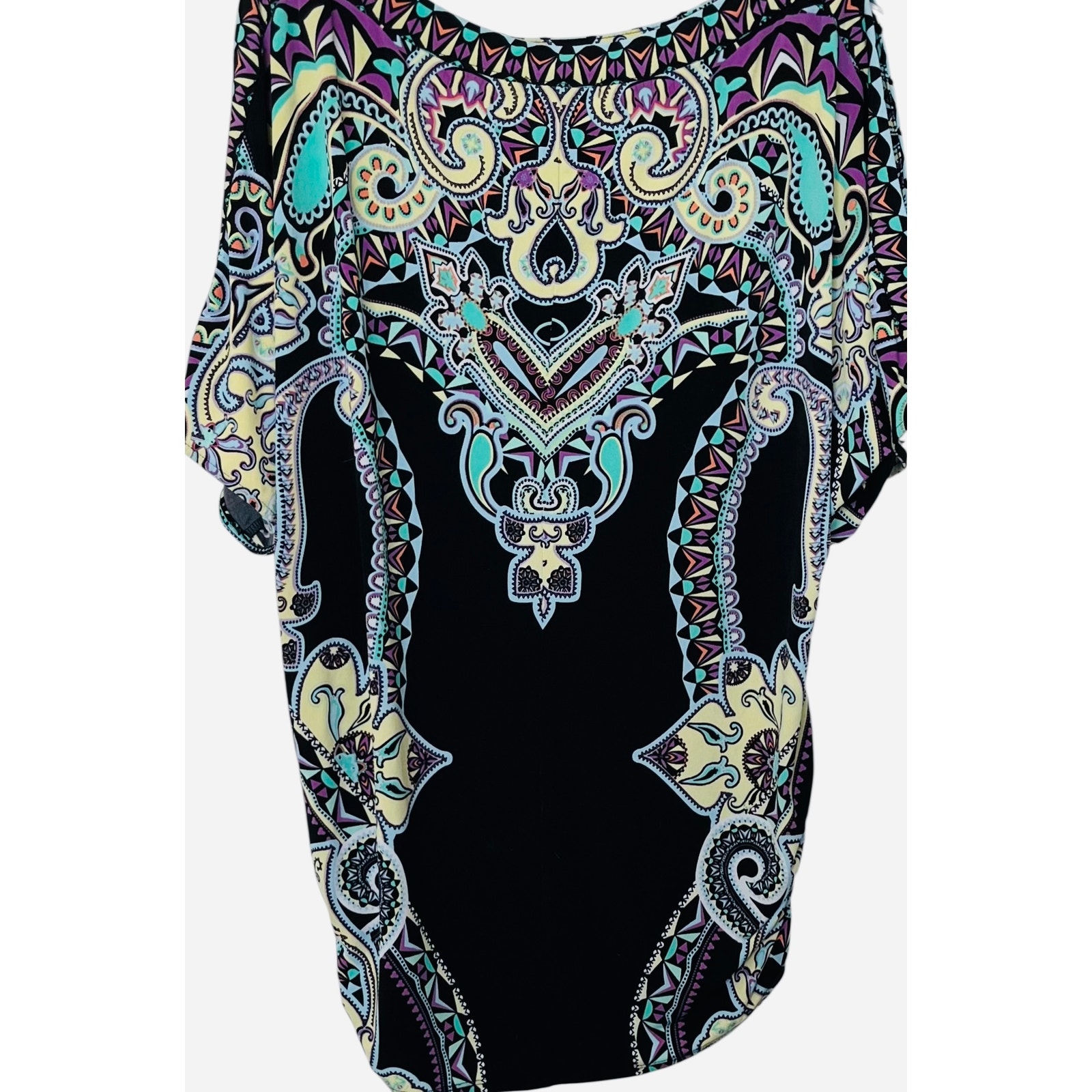 Roz & Ali Cold Shoulder Short Dolman Slv Crew Neck, Woman, 1x, Purple Teal Yell — image 4 of 8